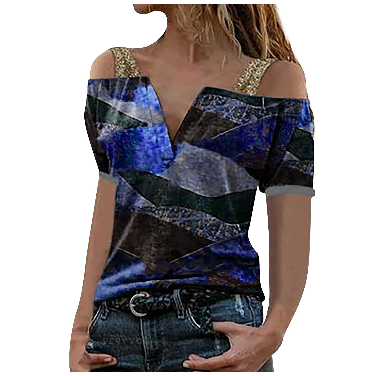 

Women's Fashion Casual Print V-Neck Short Sleeve Sexy Off Shoulder Top Graphic Casual Ladies T Shirt Female Vintage Femme 55#G