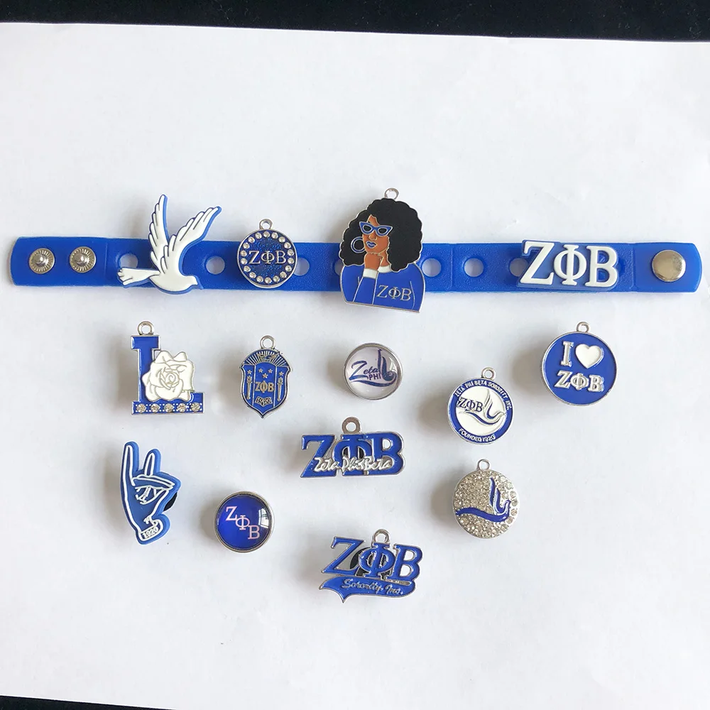 

Греческий КРОК Zeta Phi Beta логотип металлические аксессуары дизайнерская эмблема университета Кнопка украшение браслет очаровательные