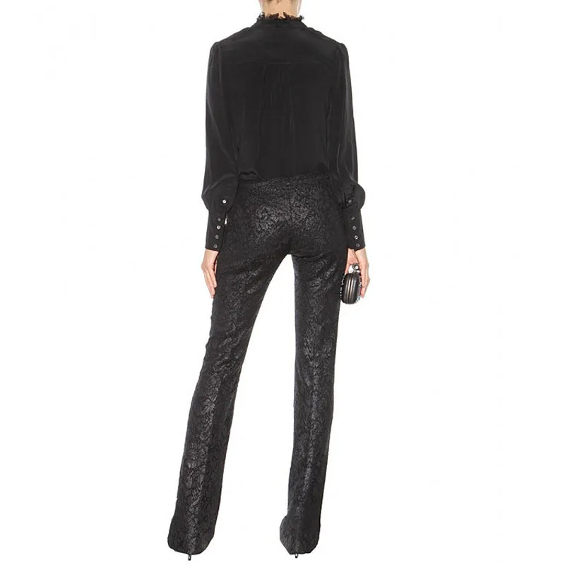 

OL Lace Women Elegant Low Waist Wrap Slim Fit Straight Leg Pants Femme European Style Stretch Long Trousers Black