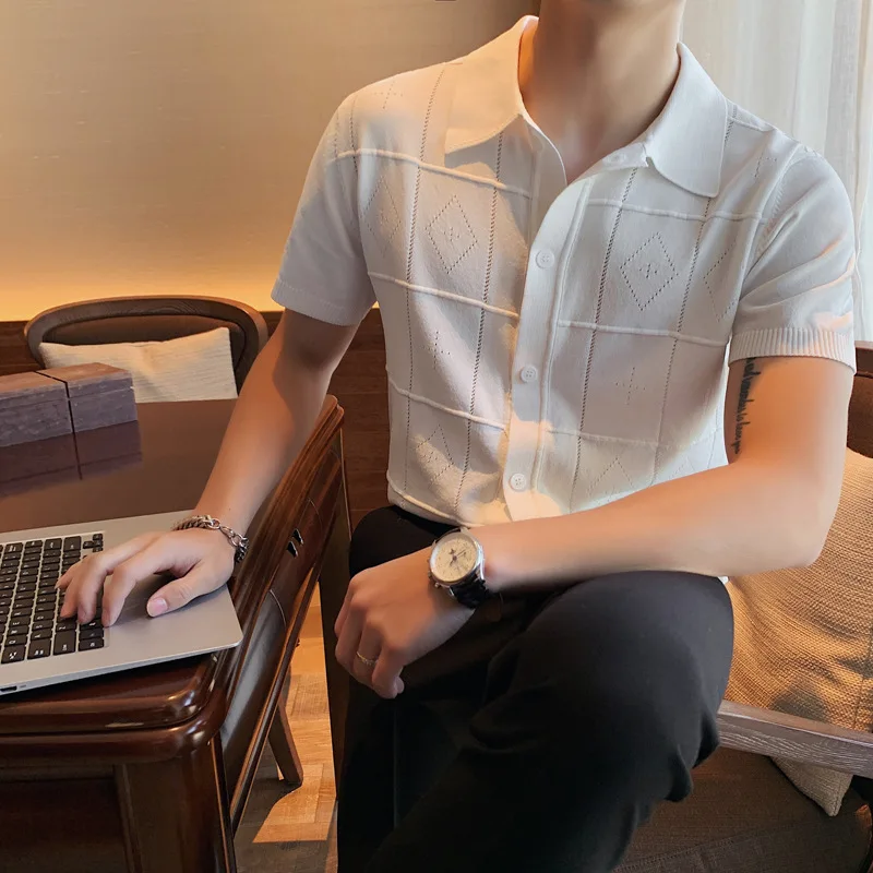 

High Quality Business Casual Knitted T Shirts Men Clothing 2021 Solid Slim Fit Short Sleeve Plaid T Shirts Homme Breathable 3XL