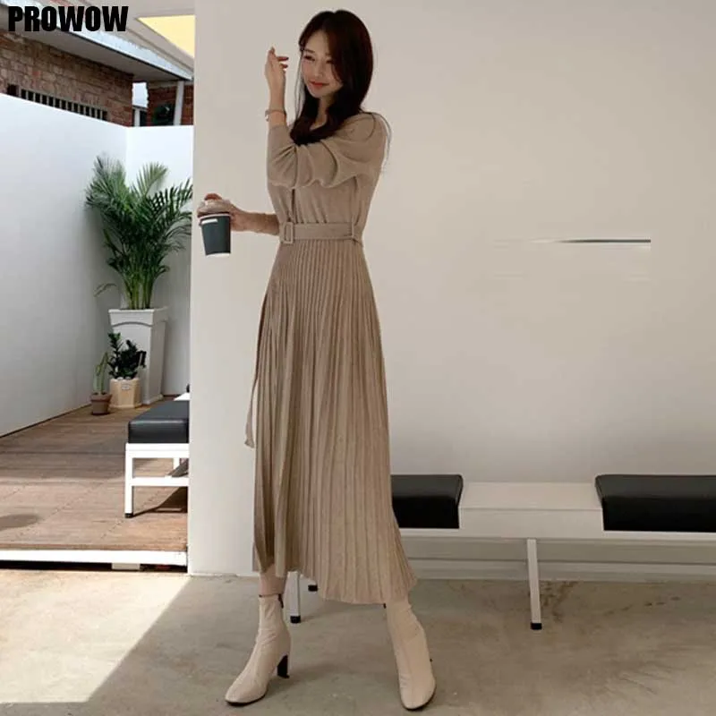 

Korea Knitted Sweater Dress One-Piece Women Pleated Waist Dresses Winter 2020 Women New Long Sleeve Knit Dress Long Dress Woman