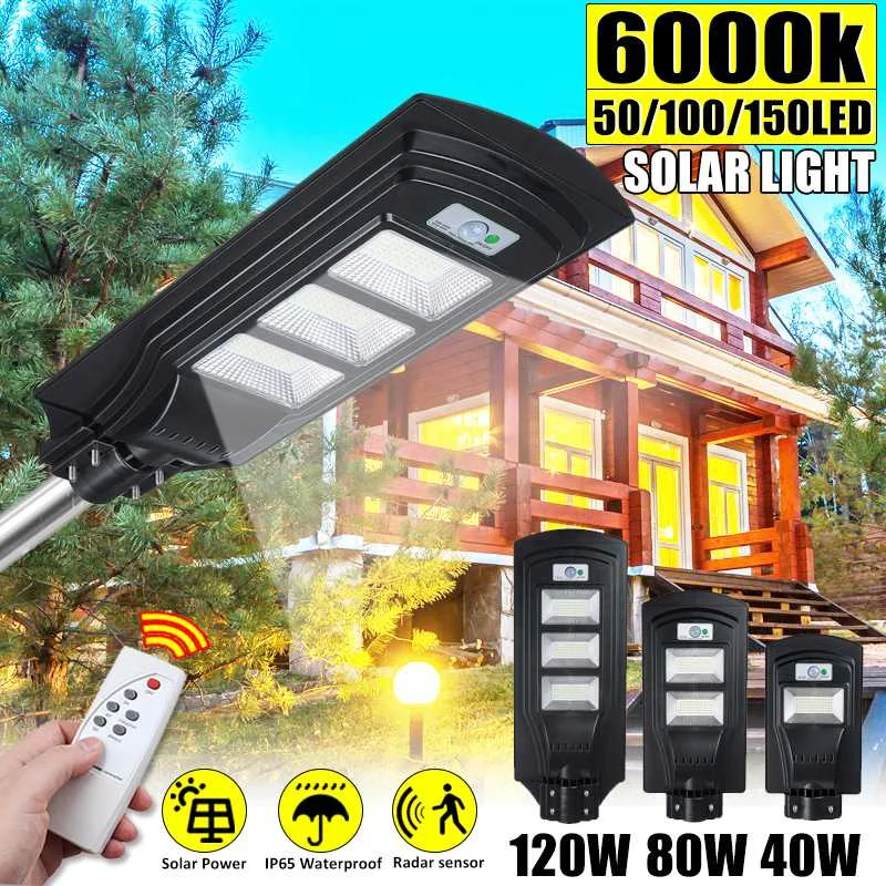 IP65 40 Вт 80 120 светодиодный уличный фонарь на солнечной батарее радар ПИР датчик