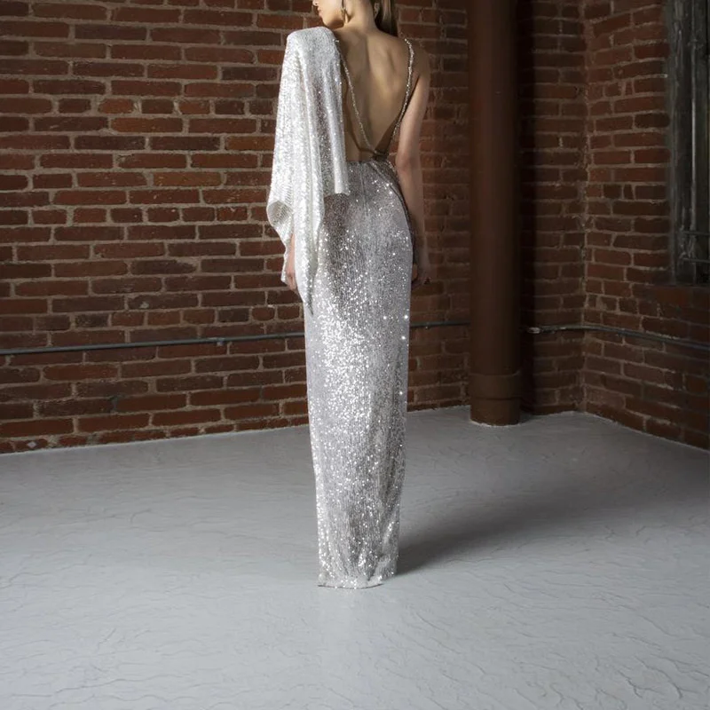 

2021 Spring New Women's Sequin Sexy Dress Long Skirt Split V-neck Fashion Temperament Evening Dress