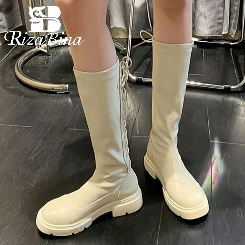 

RIZABINA 2022 New Fashion Women Shoes Knee High Boots Real Leather Lace Up Long Boot Cool Outdoor Ladies Footwear Size 34-39