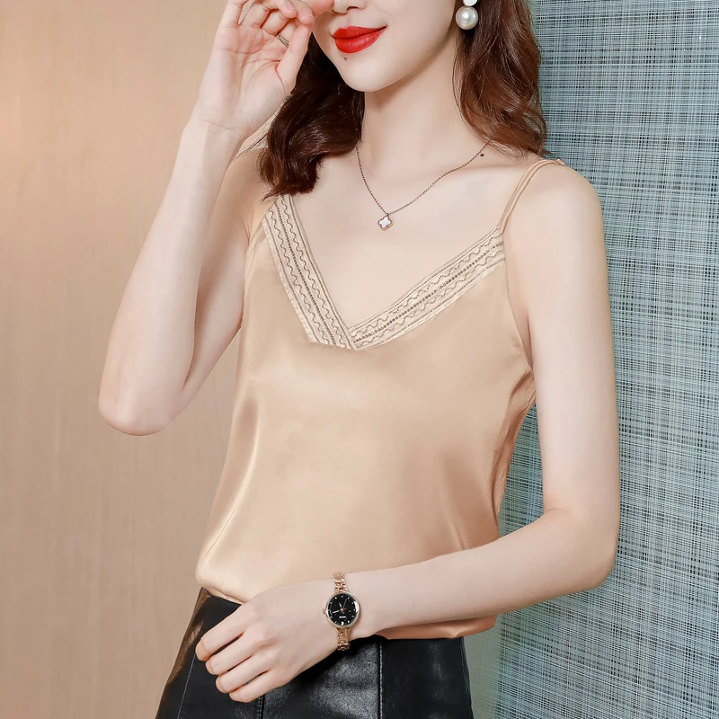 

2021 Summer Fashion Women's Sexy Camisole Sleeveless Chiffon Ladies Tops Solid V-neck Satin White Tank Top Elegant Women Clothes