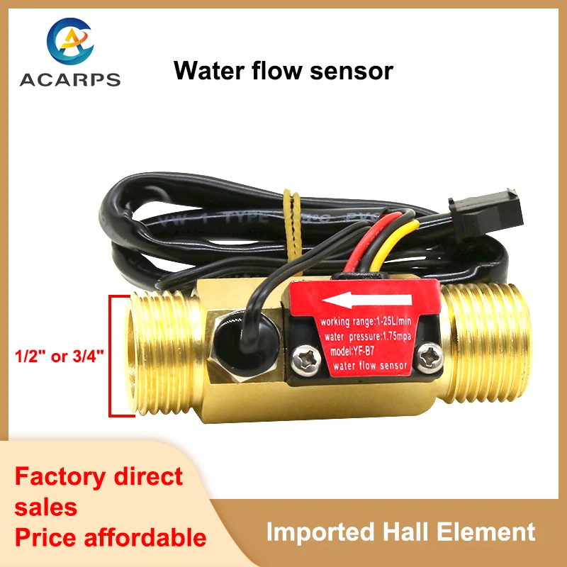 

1/2" 3/4" Water Flow Sensor Brass External Thread1.75MPa Hall Sensor Pulse Turbine Flowmeter DC5~18V With Temperature Detection