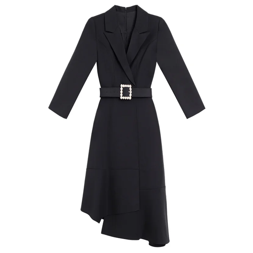

Spring Autumn Notched Pink Black Woman Skirt Asymmetrical Ruffle A-Line Long Sleeve Lady Skirts Business Elegant Female OL Dress