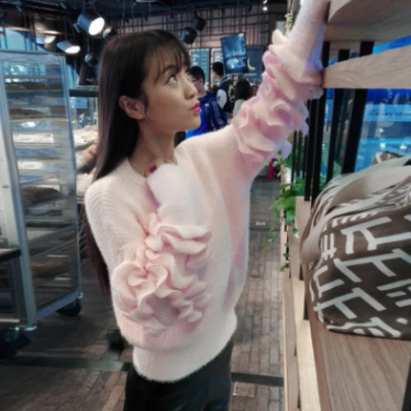 Свитер Женский вязаный с оборками длинным рукавом о-образным вырезом зимний 63423 |