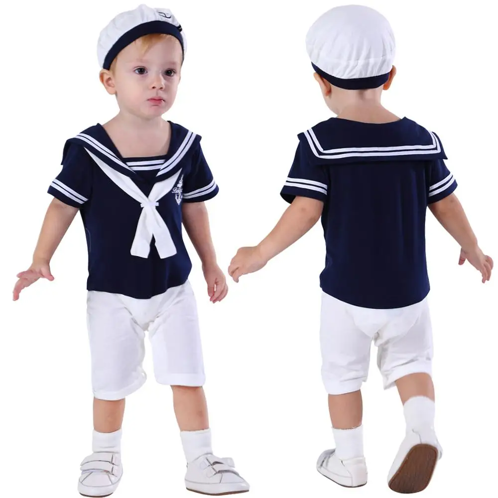 Baby Boy Sailor Romper with Hat Boys Navy Cosplay Uniform Costume Toddler Infant Carnival Outfit Newborn Anchor Cotton Clothes |