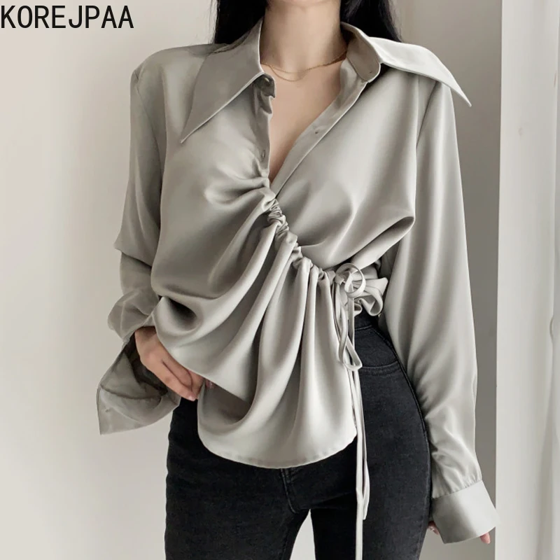 

Korejpaa Autumn Elegant Blouse Women Korea Fashion Turn-down Collar Ruched Drawstring Lace Up Slim Waist Long Sleeve Solid Shirt