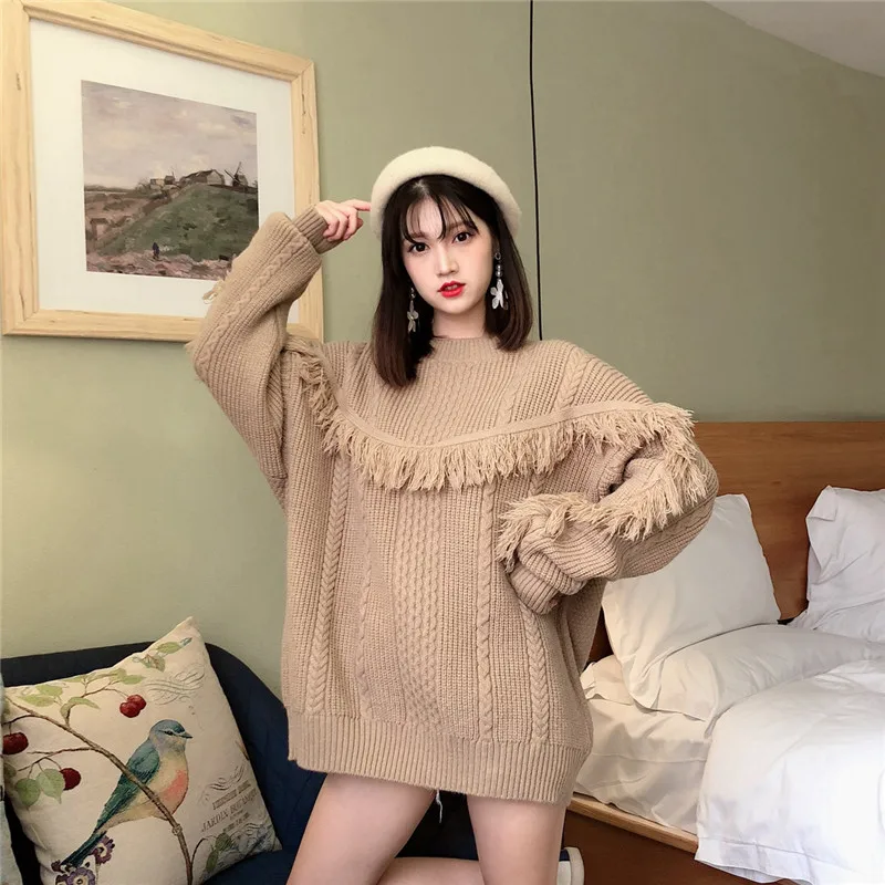 Женские вязаные свитера оверсайз с кисточками винтажные женские пуловеры