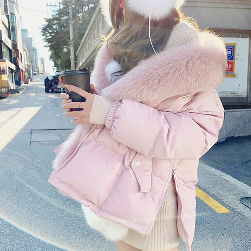 Большой натуральный Лисий мех куртка 2019 зима 90% белый пуховик Короткая свободная