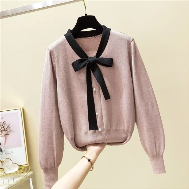 2020 весенний вязаный свитер с воротником-бабочкой женский бантом и длинным