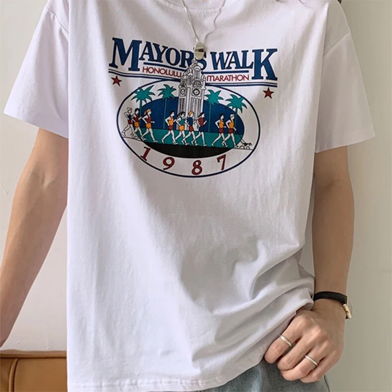 

Женская хлопковая футболка с коротким рукавом, белая Свободная Повседневная футболка с графическим принтом в американском стиле, в стиле Х...