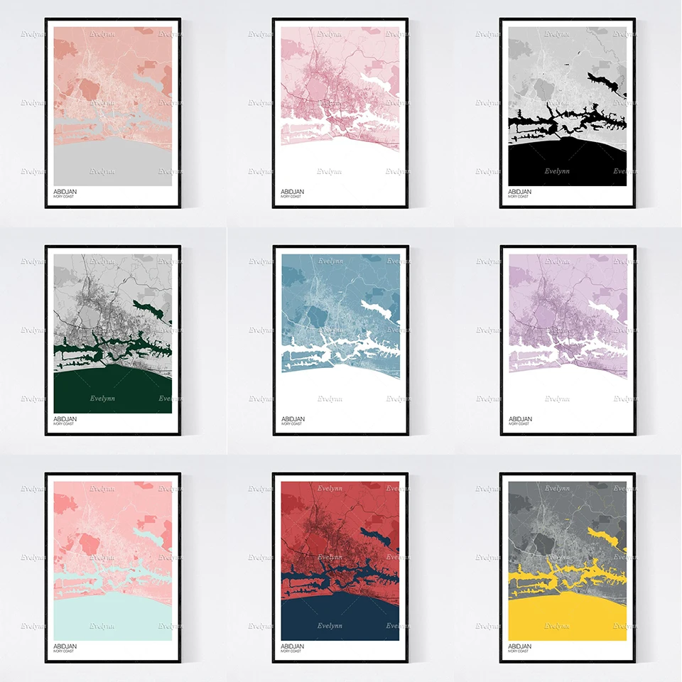 

Abidjan, Ivory Coast Map Nordic Retro Minimalism Painting Posters and Prints on Canvas Hd Wall Art Modular Pictures Home Decorat