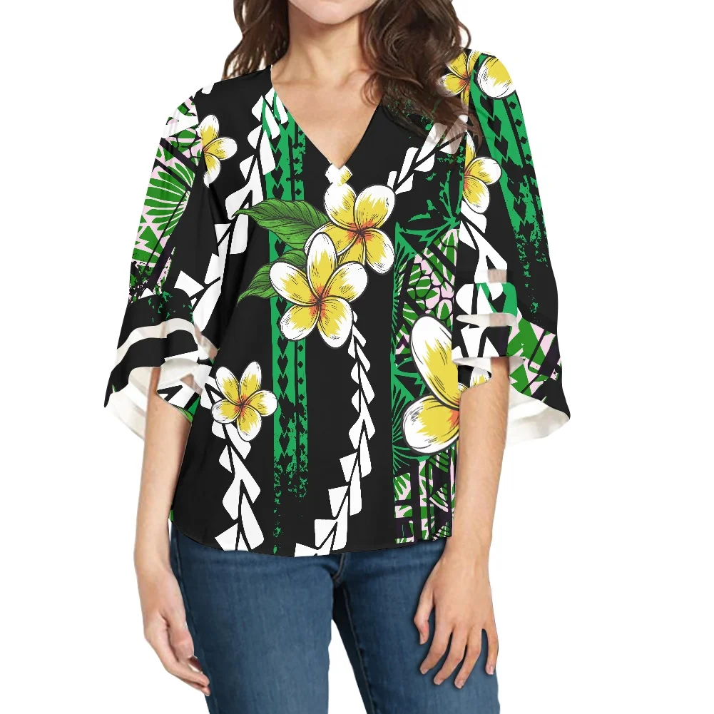 

HYCOOL Hibiscus Print Green Blusas Femininas Polynesian Tribal Sexy V Neck Bell Sleeve Top Summer Loose Plus Size Ladies Blouses