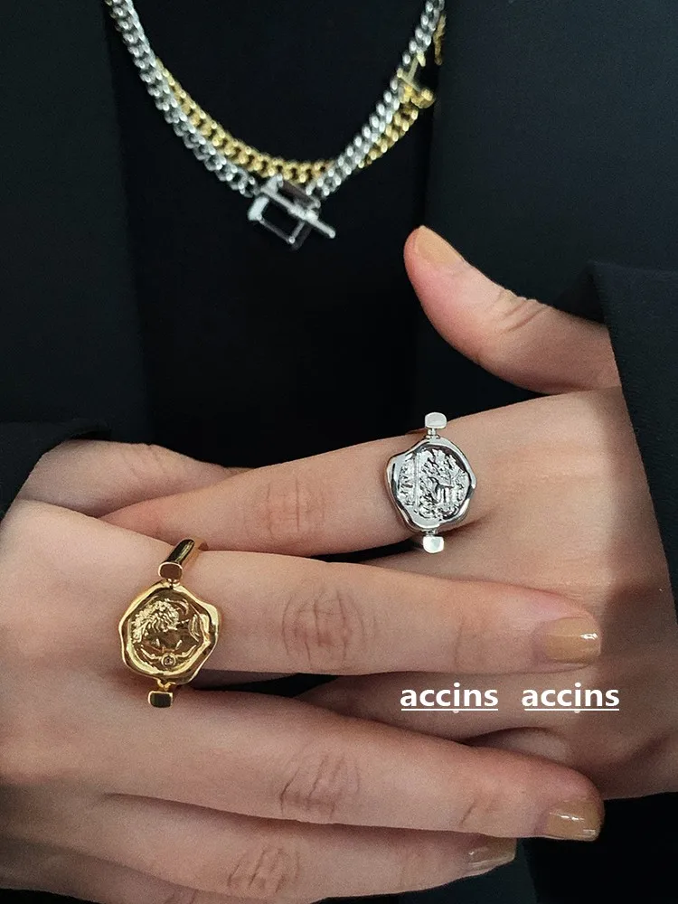 

Accins Double-Sided Embossed Texture Ring Irregular Flip Punk Fashionable Twin Metal Personality Ring