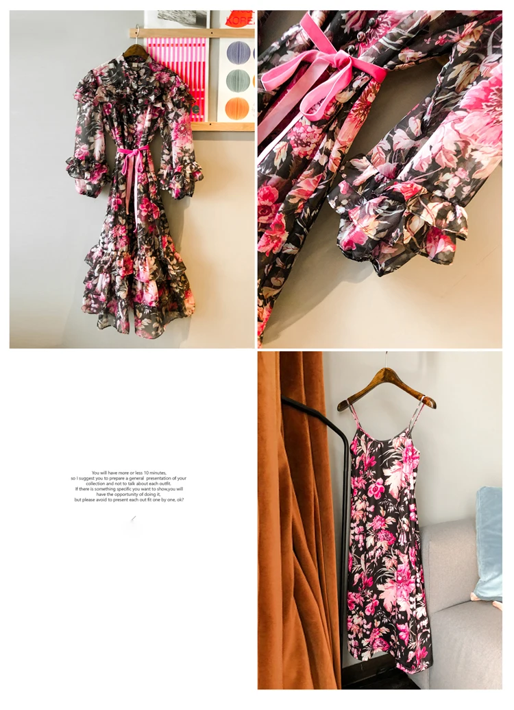 

Elegant Ladies Ruffles Printed Dress Women Vogue Spring Summer Chiffon Two-Piece Dresses Woman Slim Dress Party Clothes SL142