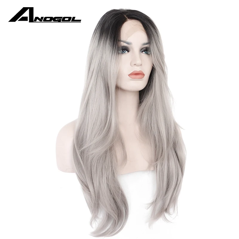 Anogol средняя часть серебристо серый Омбре черные корни длинные натуральные волны
