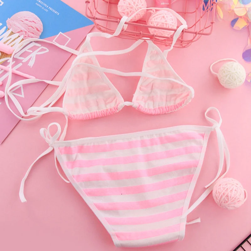 

Sexy Lingerie Lolita Kawaii Blue Pink White Striped Mini Bikini Adult Cosplay Erotic Costumes Bra Women Underwear Set