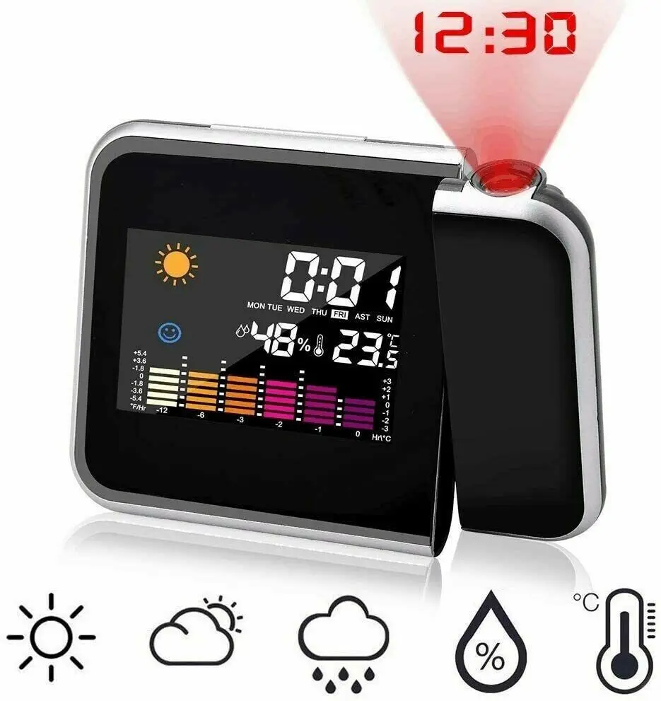 

Digital Alarm Clock LED Projection Temperature Thermometer Desk Time Date Display Projector Calendar USB Charger Table Clock