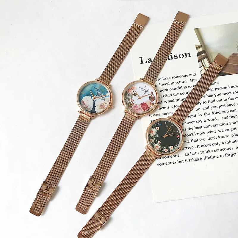 Роскошные модные женские часы из розового золота и стали элегантные с цветочным