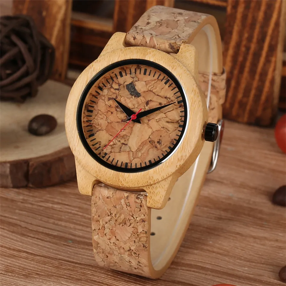 

Bamboo Wood Watch Lady Quartz Wristwatch Crack Wooden Cork Leather Wristwatch Unique Women's Watches Natural Timepiece Gifts