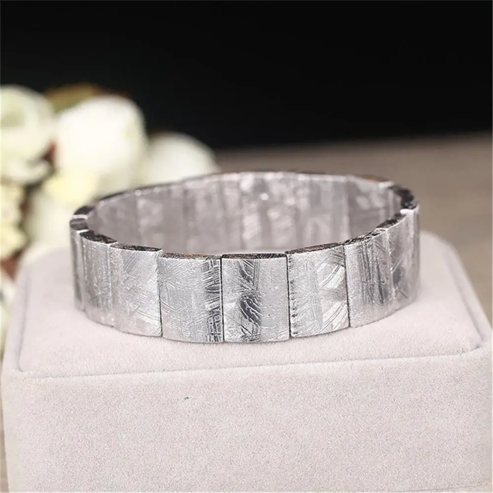 

Top Natural Gibeon Meteorite Moldavite Bracelet For Woman Lady Man Silver 13x10mm Beads Stretch Crystal Bangle Jewelry AAAAA