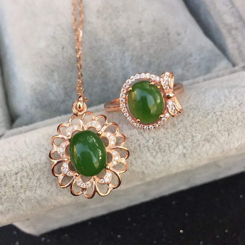 Ожерелье и кольцо из натурального нефрита серебро 925 пробы | Украшения аксессуары