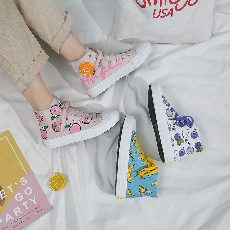 Женские холщовые кроссовки повседневная обувь с принтом фруктов высокая подошва