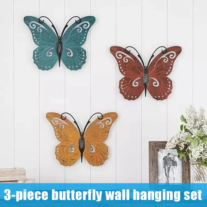 

Set of 3 Butterfly Metal Wall Art Hand Painted Decorative Rustic Wall-mounted Sculpture Vintage Decor for Door Bar