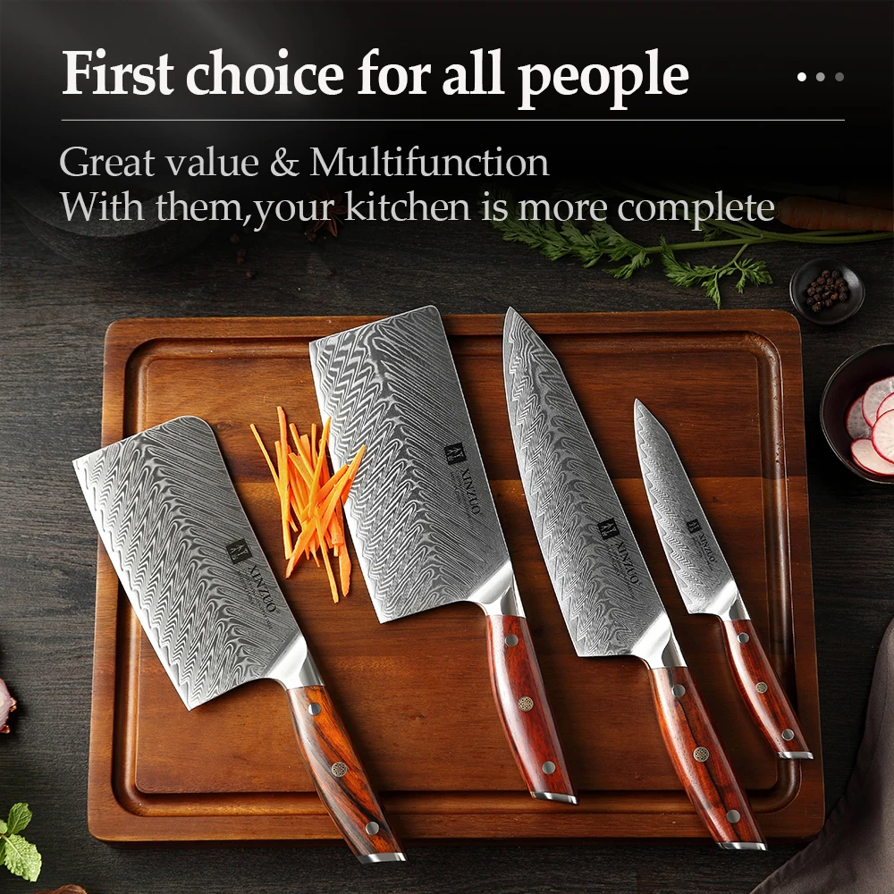 

XINZUO 5PCS Knife Set Damascus Steel Kitchen Knives Stainless Steel Kitchen Tools High Quality Acacia Wood Magnetic Knife Holder