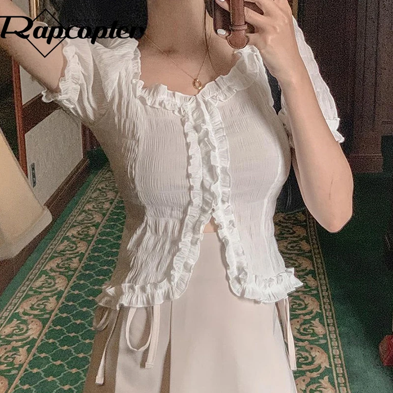 

Rapcopter Sweet Frill Crop Top Vintage Puff Sleeve Tshirt Summer Knitted Cardigans Boho Beach Tee Top Women Korean Streetwear