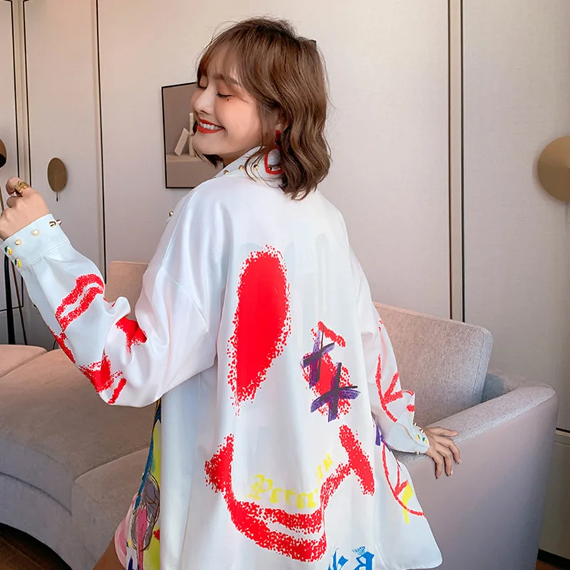 Весна 2020 Длинные рубашки с мультяшным принтом модные женские заклепками Новое