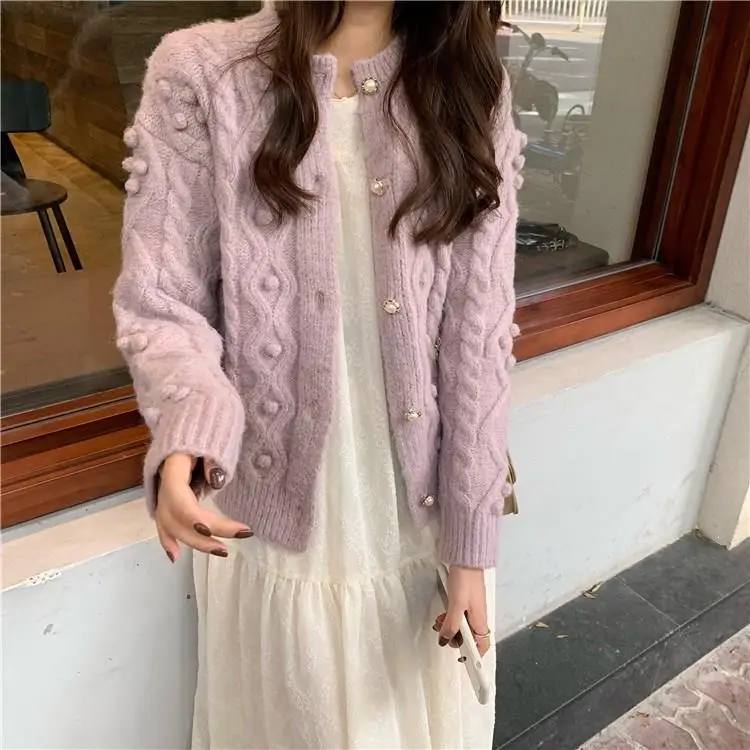 Women Twist Ball Thick Knit Cardigan Cardigans Autumn Preppy Style Beading Pearl Knitwear Sweater |