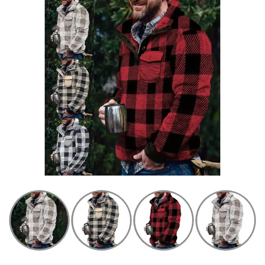 

All Match Great Grid Spring Sweatshirt Lapel Men Sweatshirt Pocket for Work