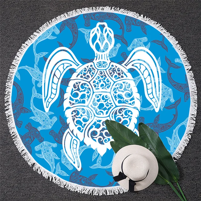 BlessLiving Sea Turtle Round Beach Towel Tortoise Tapestry Watercolor Picnic Mat 150cm Bubbles Marine Style Blue Toalla Blanket 2