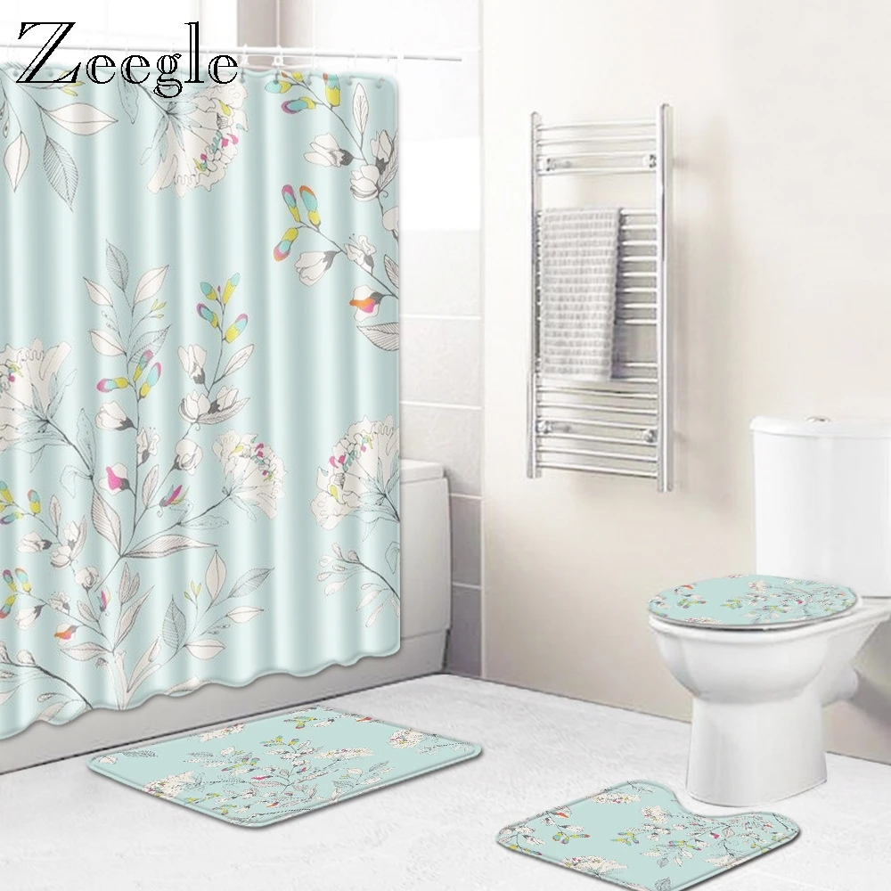 

Zeegle 4PCS Bath Mat Set Shower Curtain Toilet Cover Seat Mat Non-slip Toilet Pedestal Rug Bathroom Doormat Bathroom Curtain Set