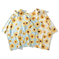 men shirt short sleeve 2021 new arrival summer loose male shirt thin sunflower korean style white blue hot sale s39