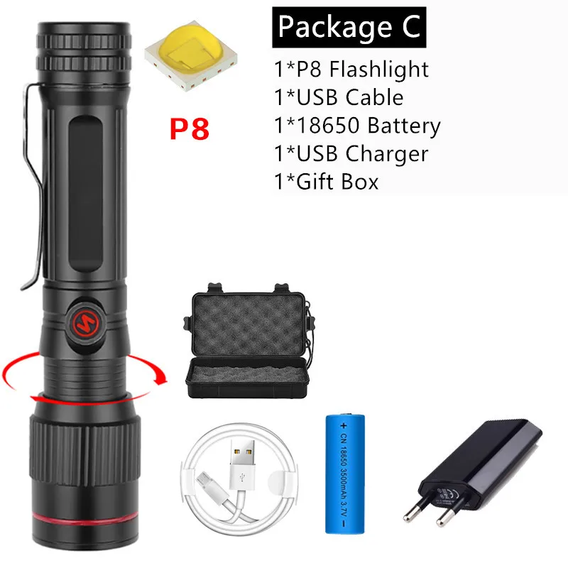 Package C Яркий XHP50 перезаряжаемый светодиодный фонарик мощный XHP70.2 фонарь P8 свет супер водонепроницаемый Zoom охотничий свет использование 18650 - Испускаемый цвет: Package C