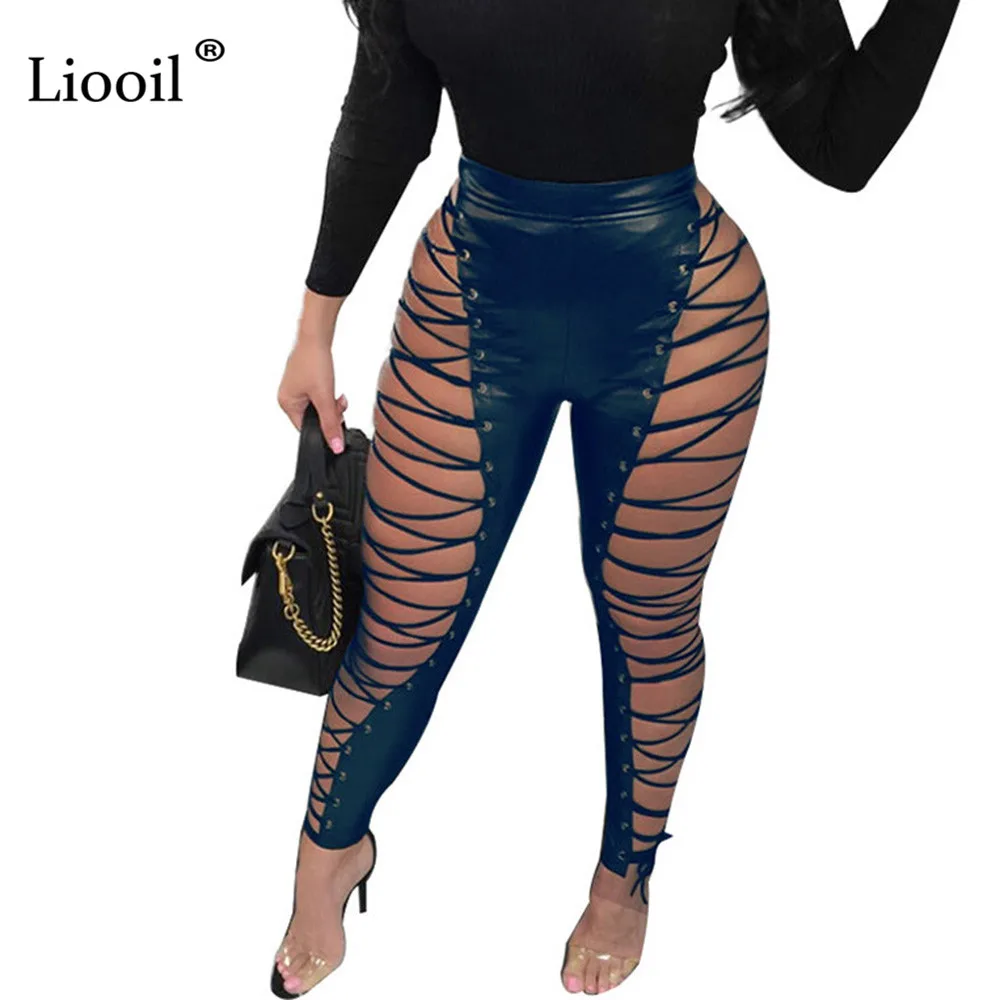 Liooil, сексуальные, Клубные, черные, белые, с высокой талией, на шнуровке, кожаные, длинные штаны, для женщин, выдалбливают, на шнуровке, на молнии, женские, вечерние, брюки
