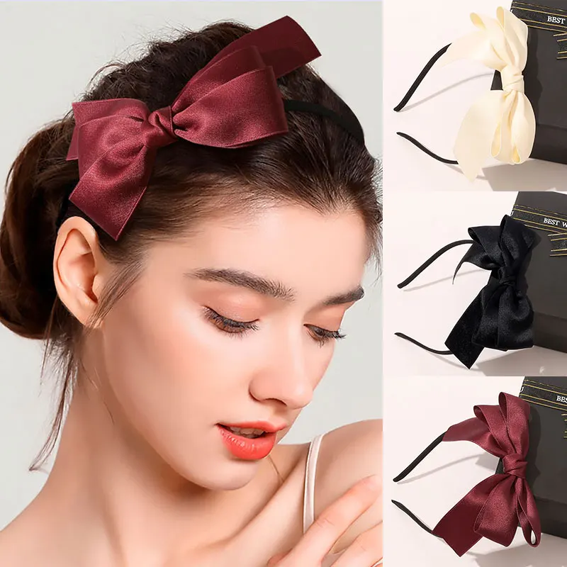 

Super Sweet Fairy Hair Accessories 1PC Satin Bow Headband Handmade Bows Hairbands Solid Color Bowknot Ribbon Hair Hoop