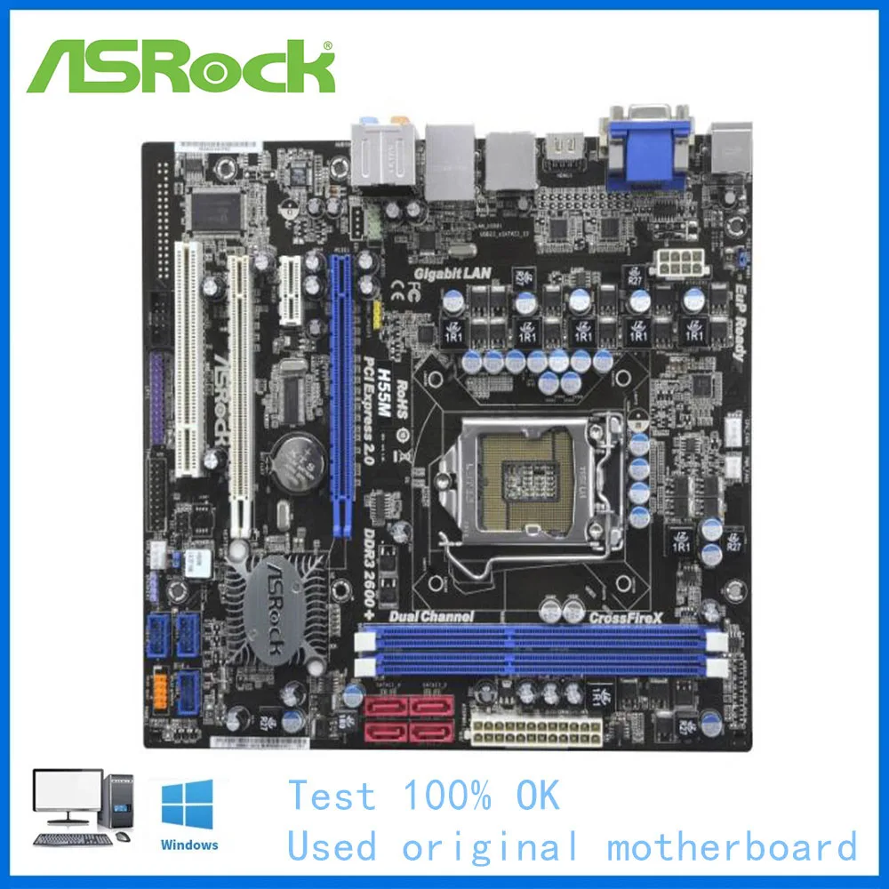 Материнская плата для ASRock H55M LGA 1156 Intel H55 б/у десктопная материнская USB2.0 SATA II PCI-E X16 |