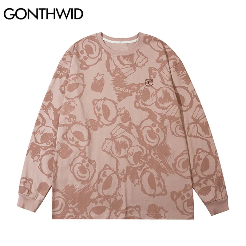 

GONTHWID футболки хип-хоп граффити мультфильм медведь головы печати футболки уличная одежда Харадзюку модные повседневные топы с длинным рука...