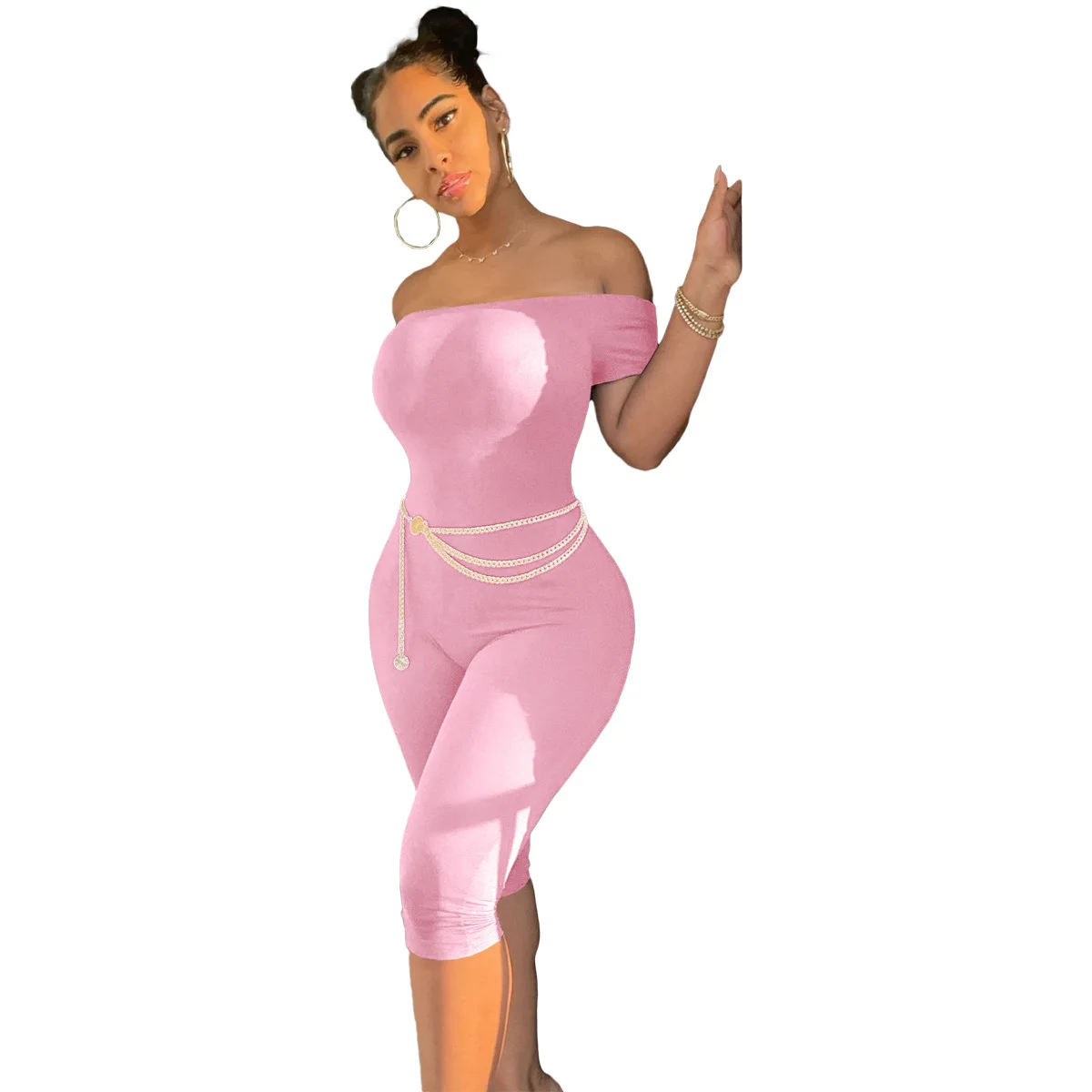 

Solid Color Sexy Flat Shoulder Tube Top Fashion Belt Slim Hip Hip Sports Casual Seven Point Jumpsuit Women's Clothing Wholesale