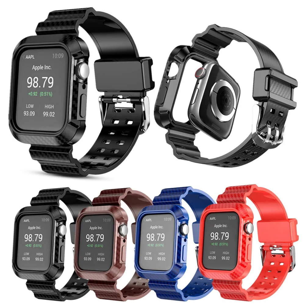 

Carbon Fiber Strap with Frame for Apple Watch Band Series SE/6/5/4 Sport Conjoined Silicone Bracelet Wrist Belt for iWatch 44mm