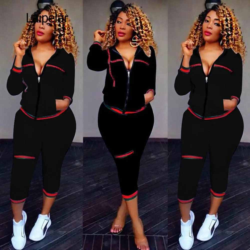 

2020 Autumn Women's Sportswear 2pcs Women's Hooded Long Sleeve Zip Crop Tops Long Pants Trousers Loose Casual Clothes Set