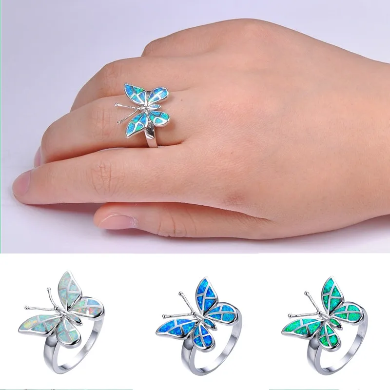 FDLK  Cute Butterfly Animal Design Ring Imitation Blue Fire Opal Ring For Women Accessories Jewelry Bohemian Statement Girl Gift