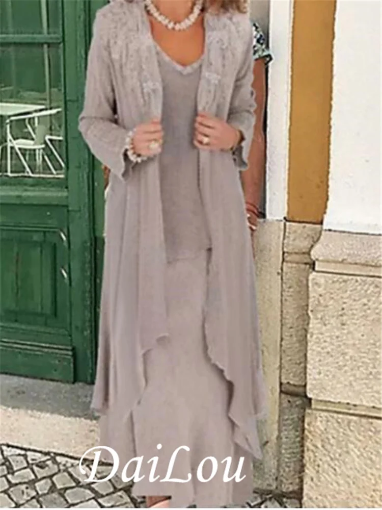 

Two Piece A-Line Mother of the Bride Dress Wrap Included Jewel Neck Floor Length Chiffon Long Sleeve with Appliques 2021
