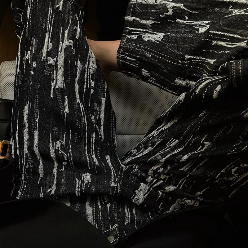 

Fashionable Retro Black Washed Jeans Chic Women High Waist Long Trousers Straight Denim Pants Frayed Old Vintage Streetwear